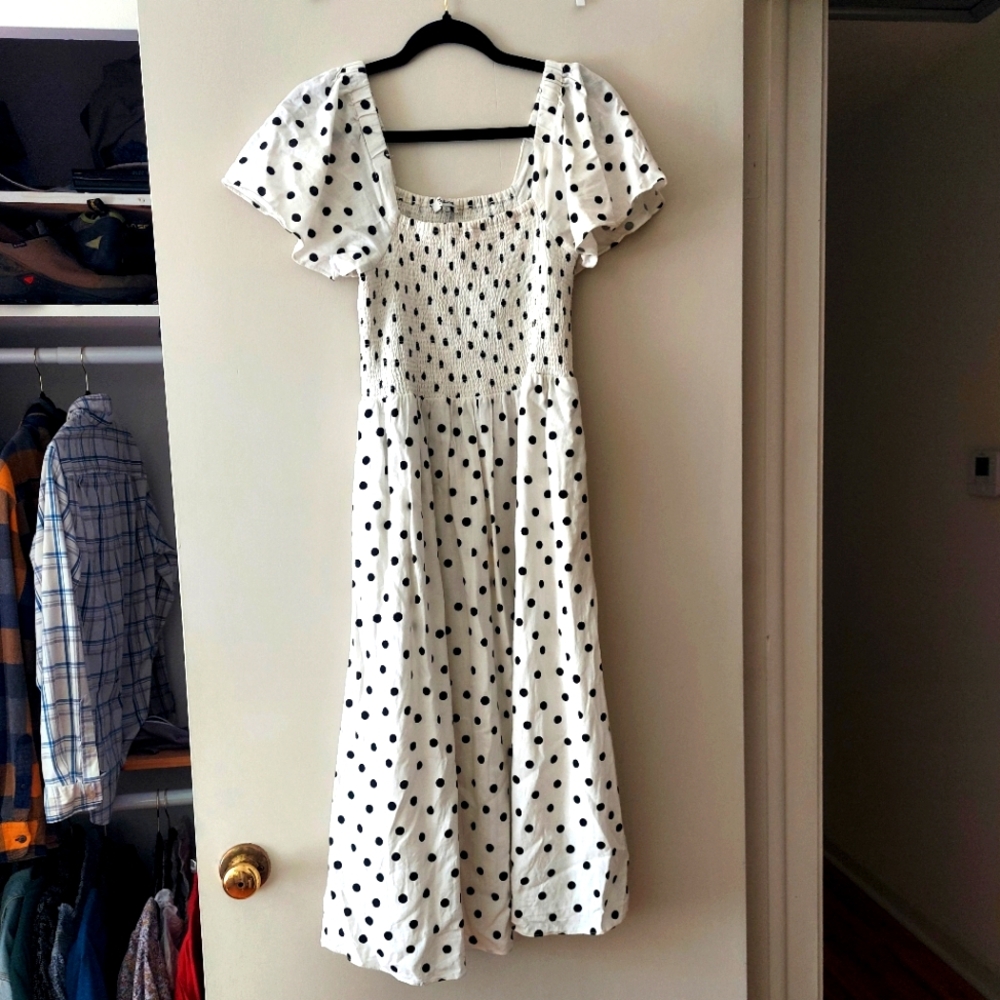 Madewell Linen Blens Lucie Smocked Midi Dress White Black Polka Dot Small